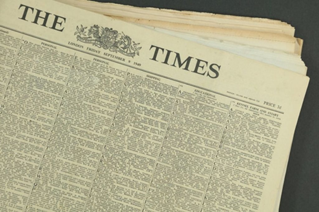 Sausio 13 d. 1785 m. John Walter (Džonas Volteris) išspausdino ir išleido į apyvartą pirmąjį laikraščio „London Times“ numerį.
